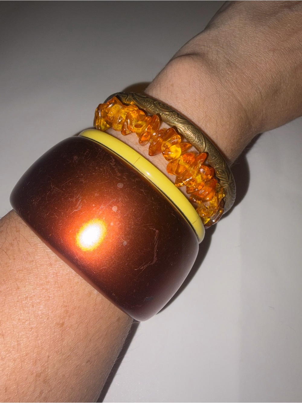 Y2K Boho Bracelet Stack 4 Pc Chunky Resin Amber Color Yellow Brass Bangles